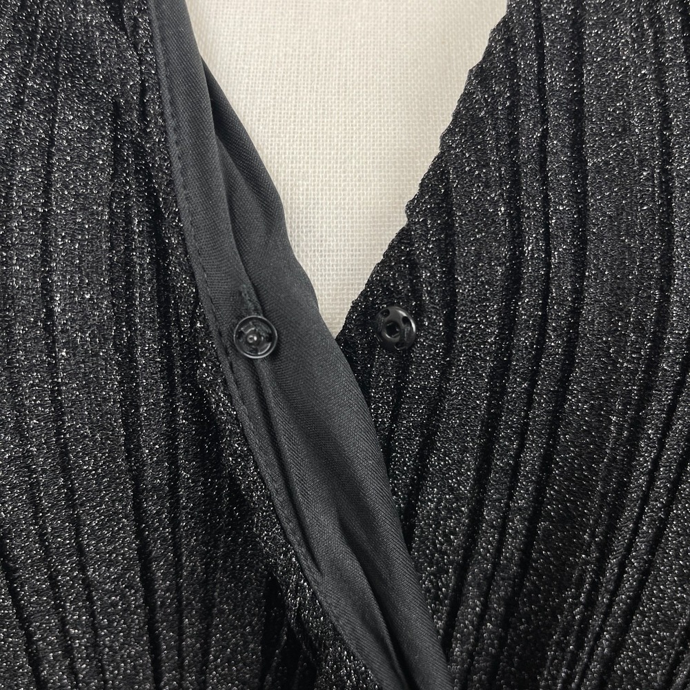 Steve Madden Metallic Crinkle Dress Large Black Shimmer Knot Front Long Sleeve - Picture 9 of 14